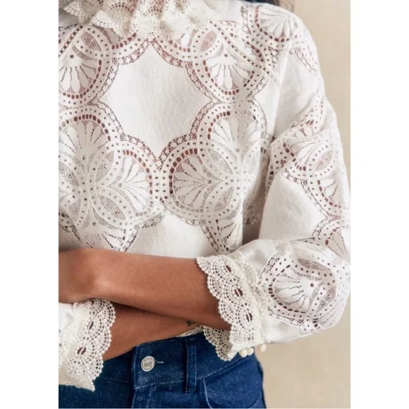 SEZANE White Lace Openwork High
Neck Eyelet Ruffle Button Back Bacall Blouse Top - Picture 17 of 17